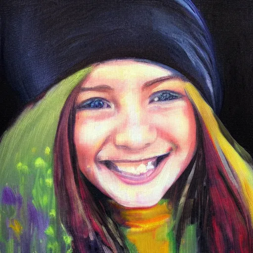 Prompt: painting of a girl with large smile, black color, beanie, impressionist style