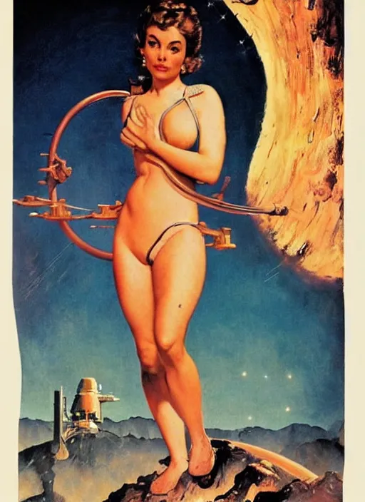 Image similar to the woman from venus starring anna de armas, vintage scifi poster art by john alvin, river mcginnis, norman rockwell, frank frazetta and drew struzan, trending on pinterest, beautiful, lovely