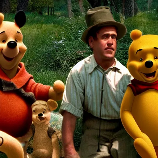 Prompt: winnie the pooh in the coen brothers film o brother where art thou