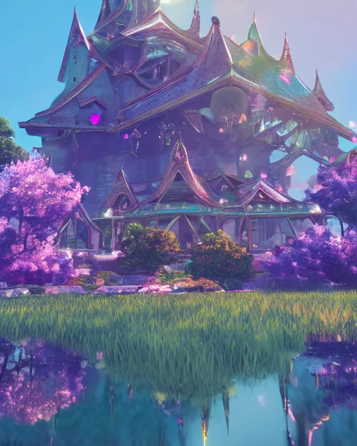 Image similar to a beautiful holograph of crystal castle by makoto shinkai, unreal engine, dreamlike, reflection, soft lighting, gems, prism, iridescence