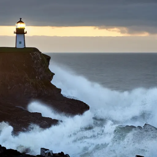 Prompt: light house on cliffs with rough seas and high waves, stormy unreal 5