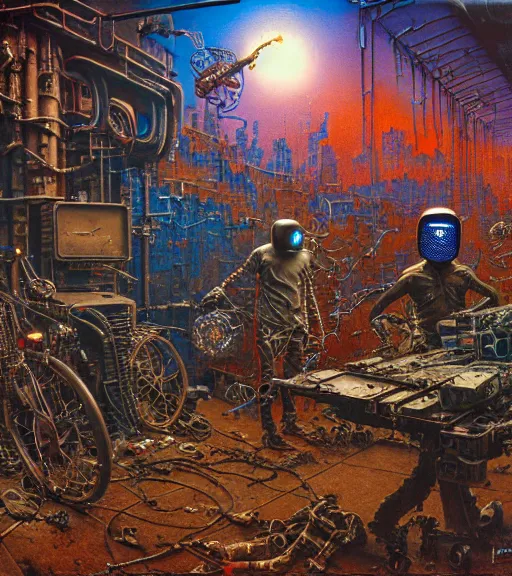 Prompt: junky men making huge graffiti, cybertronic gadgets and vr helmet, flesh + technology, durty colours, night, rotten textures, rusty shapes, biotechnology, norman rockwell, tim hildebrandt, wayne barlow, bruce pennington, larry elmore, oil on canvas, deep depth field, masterpiece, cinematic composition, hyper - detailed, hd, hdr