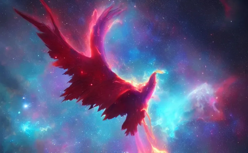 Image similar to a nebula in shape of a pheonix in space, artstation, cgsociety, highly detailed