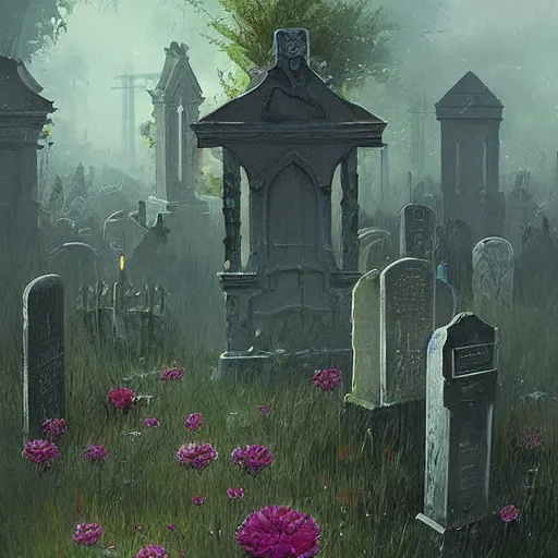 Prompt: A Greg Rutkowski painting of a graveyard, floralpunk