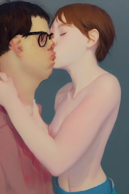 Image similar to a portrait of a young todd solondz, kissing a girl, vivid colors, soft lighting, atmospheric, cinematic, moody, in the style of francis bacon and ilya kuvshinov and range murata, krenz cushart, oil on canvas, 8 k
