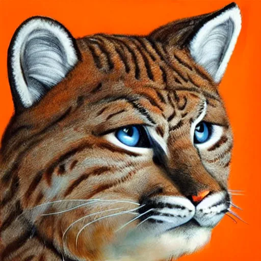 Image similar to orange - furred anthropomorphic bobcat with a light - colored muzzle, stomach, and soles, brown - tufted ears, a short tail with a dark tip, clawed hands, and blue eyes wearing a white t - shirt with a red exclamation mark on it, trending on artstation, detailed, oil on canvas