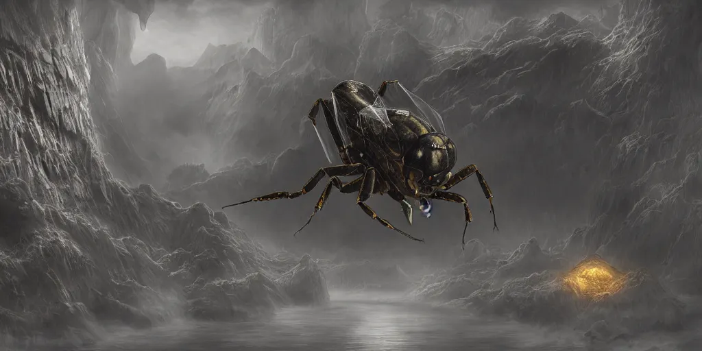 Prompt: a highly detailed matte painting of a new giant insect inspired by a wasp and a scorpion in a cavern honeycomb, ominous, foreboding, dark, trending on artstation,