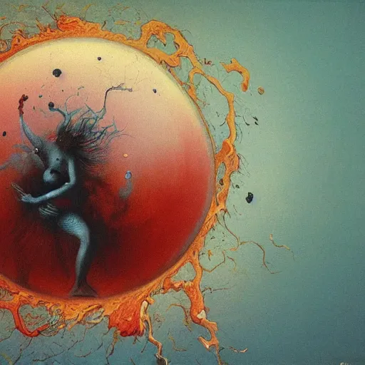 Image similar to a sphere being devoured by abstract splatters of paint in the style of francis bacon, venus being engulfed in flames in the style of james jean, surreal, beksinski, high detailed