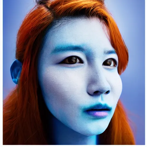 Prompt: photograph of an woman with blue skin, wearing a checked shirt, fantasy, portrait, peter xiao