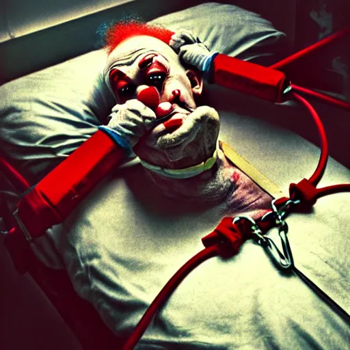 Image similar to elderly clown restrained to hospital bed with wrist restraints attached to hospital bed, greg rutkowski, photograph, 8 k