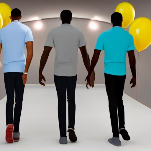 Image similar to 3 black guys walking towards a big cake. ultra realistic.