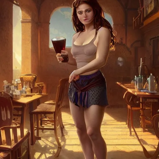 Image similar to Epic portrait, an muscular waitress serving a drink, Brown hair flow, pretty, glossy skin, digital painting, artstation, concept art, soft light, hdri, smooth, sharp focus, illustration, fantasy, intricate, elegant, highly detailed, D&D, matte painting, in the style of Greg Rutkowski and Alphonse Mucha and artemisia, 8k, highly detailed, jurgens, rutkowski, bouguereau, pastoral, rustic, georgic