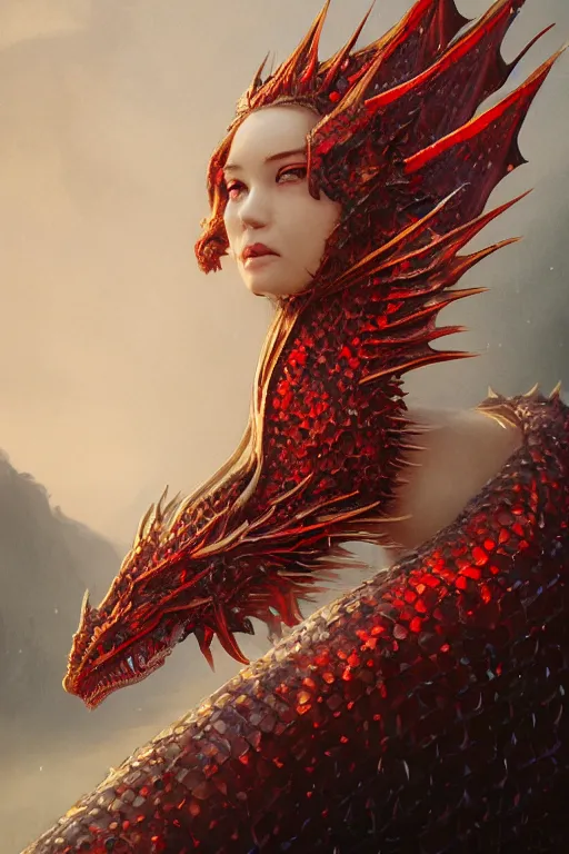 Prompt: a fancy portrait of an attractive dragon women with red dragon scales by Greg Rutkowski, Sung Choi, Mitchell Mohrhauser, Maciej Kuciara, Johnson Ting, Maxim Verehin, Peter Konig, final fantasy , mythical, 8k photorealistic, cinematic lighting, HD, high details, atmospheric,