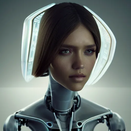 Image similar to oil paining of robotic humanoid ( white jessica alba ), intricate mechanisms, highly detailed, professional digital painting, unreal engine 5, photorealism, hd quality, 8 k resolution, cinema 4 d, 3 d, cinematic, professional photography, art by artgerm and greg rutkowski and alphonse mucha and loish and wlop