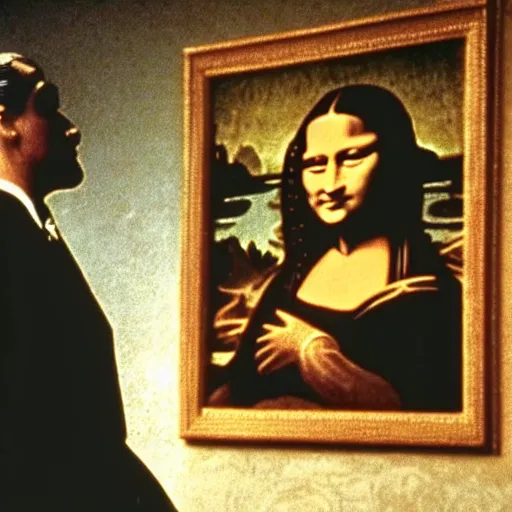Prompt: a still shot from a scene from the movie the godfather, the movie the godfather with mona lisa the person