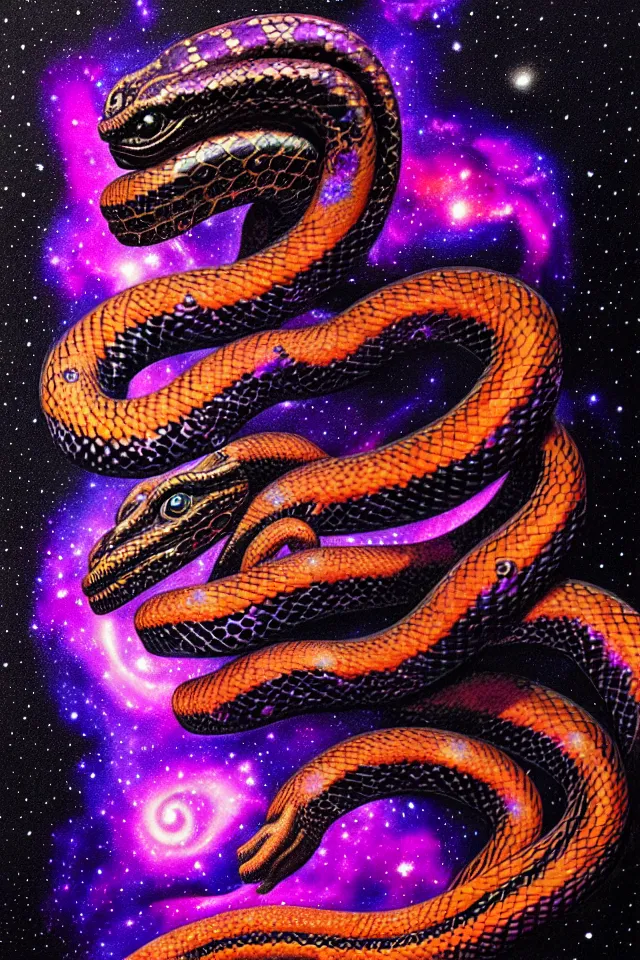 Prompt: a close up portrait of a purple ornate serpent spirit head statue, orange eyes, black paper, galaxy, nebula, billions of details, beautiful intricate painting by kokaris