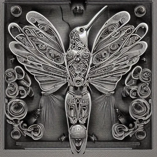 Image similar to very technical and detailed robot hummingbird, Center Frame, intricate details, ultra-detailed, baroque style, illustration, desaturated, concept art