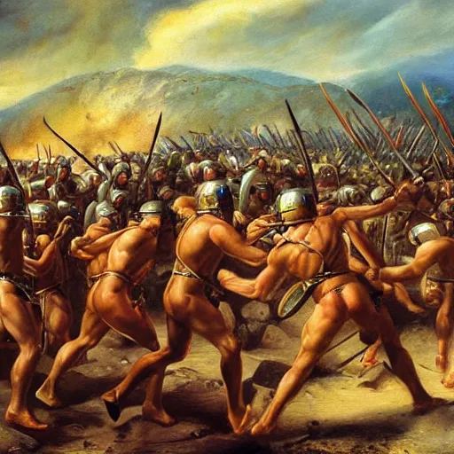Prompt: spartans fighting the persians at the thermopylae, oil painting