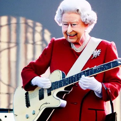 Image similar to Queen Elizabeth II rocking out on guitar, on stage at Coachella, performing a solo for the adoring crowd, photorealism