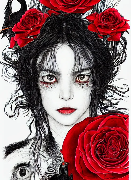 Image similar to portrait, A proud crow with red eyes in front of the full big moon, book cover, red roses at the top, red white black colors, establishing shot, extremly high detail, foto realistic, cinematic lighting, pen and ink, intricate line drawings, by Yoshitaka Amano, Ruan Jia, Kentaro Miura, Artgerm, post processed, digital art, artstation, matte painting, style by eddie mendoza, raphael lacoste, alex ross