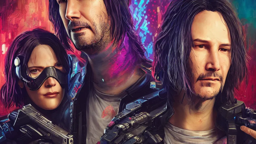 Image similar to a cyberpunk 2077 srcreenshot couple portrait of Keanu Reeves female android in hug,love,film lighting,by Laurie Greasley,Lawrence Alma-Tadema,Dan Mumford,John Wick,Speed,Replicas,artstation,deviantart,FAN ART,full of color,Digital painting,face enhance,highly detailed,8K,octane,golden ratio,cinematic lighting