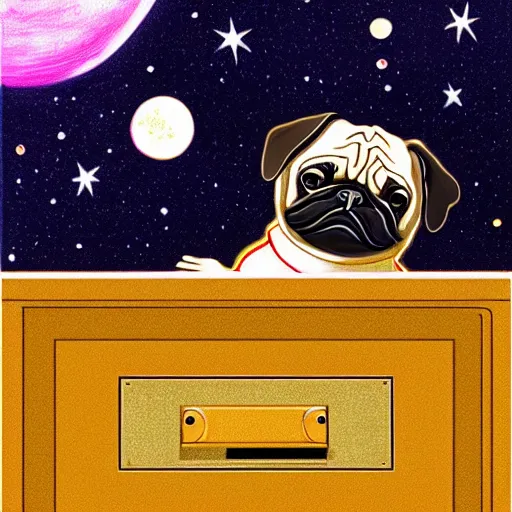 Image similar to golden - ration, gif, high - resolution, pencil art, colorized, extra - detailed, 8 k - resolution, pug astronaut, opening door, in space that leads into the universe