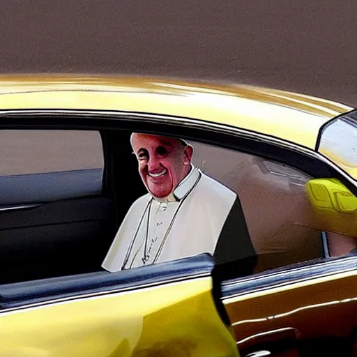 Image similar to the pope driving in the style of grand theft auto loading screens illustrations
