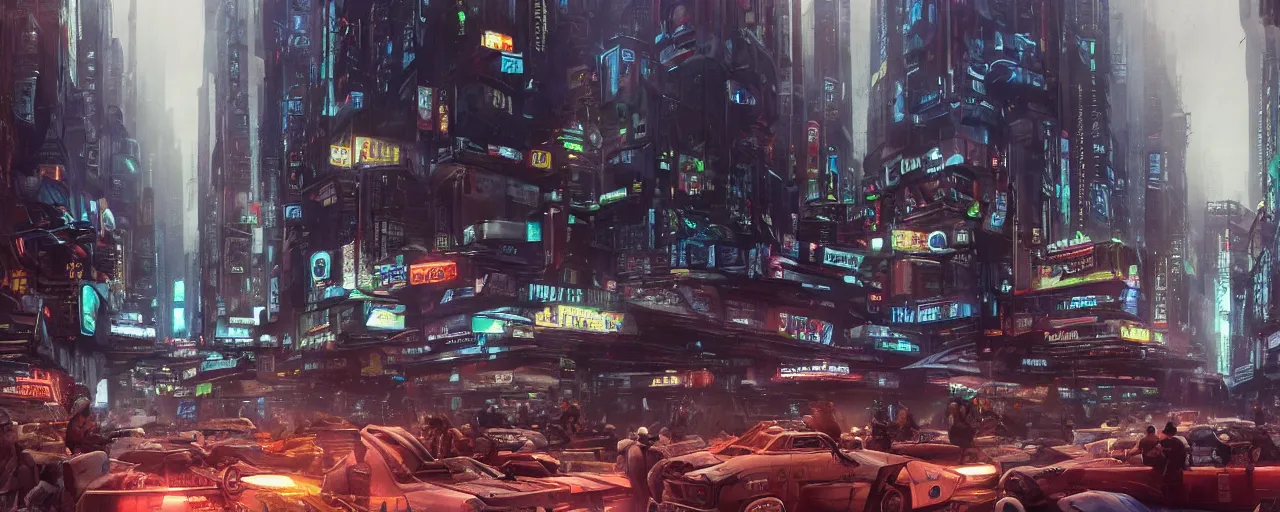 Prompt: street level view of a futuristic bladerunner market and trading post at the center of a large advanced metropolis busy with activity lots of market signs aliens and people with a floating cars on the streets by craig mullins, neil blevins, dylan cole, james paick, hyper realistic, night, environment fog, cinematic lighting, 8 k, vray render, artstation, deviantart,