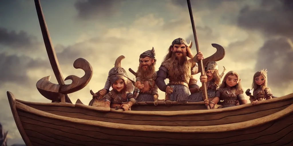 Image similar to adorable vikings on a viking ship, pixar render, brilliant style by Artstation, Artstation Trending, cgsociety, high quality, very coherent, ultra realism, high definition, post processing, unreal engine, 8k, high resolution, octane render, high contrast, 4k UHD, photographic, digital art, artstation, cinematic shot, golden hour, island in the background