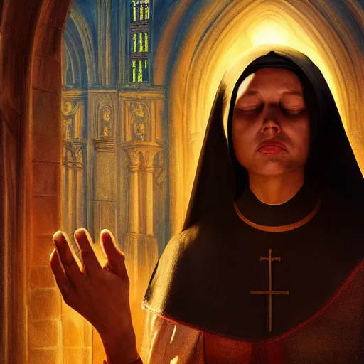 Prompt: a nun with long black hair, praying for the sun god in a cathedral. Epic fantasy, 4k. realistic. Detailed. Digital painting. Sharp focus, illustration, Beautiful, gorgeous. Cinematic. Dramatic. High contrast. artstation. smooth.