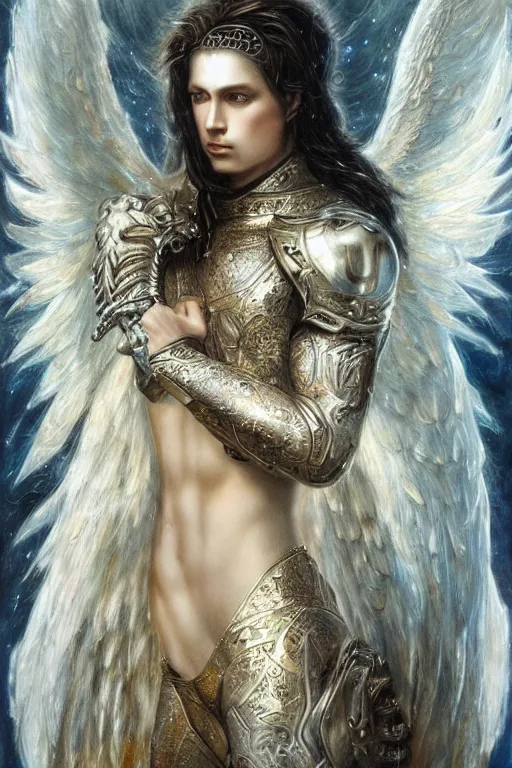 Prompt: white muscular angel with beautiful face, wearing diamond armor, shining light, jewelry, god rays by Karol Bak, Ayami Kojima, Amano