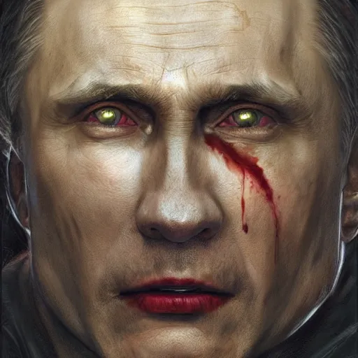 Image similar to vladimir putin, is vampire, vampire fangs, bloody horror, macabre by donato giancola and greg rutkowski and wayne barlow and zdzisław beksinski, realistic face, digital art