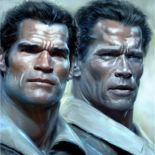 Image similar to Henry Caville and Arnold Schwarzenegger as soldiers, closeup character art by Donato Giancola, Craig Mullins, digital art, trending on artstation