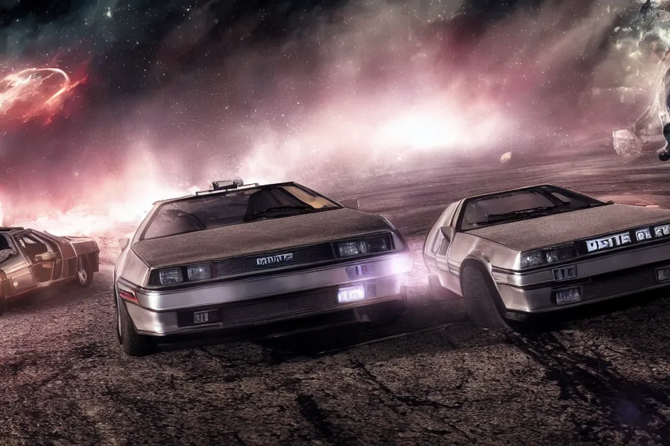 Prompt: ultra realistic delorean dmc 5 drifting next to toyta trueno ae 8 6 on ancient space highway wreckage in space, dark cinematic, volumetric, realistic, 3 d render, realistic render, cinematic lighting, volumetric lighting, atmospheric, cinematic, unreal engine 5, unreal engine render, octane render, hd, photorealism, hyper realistic, 8 k