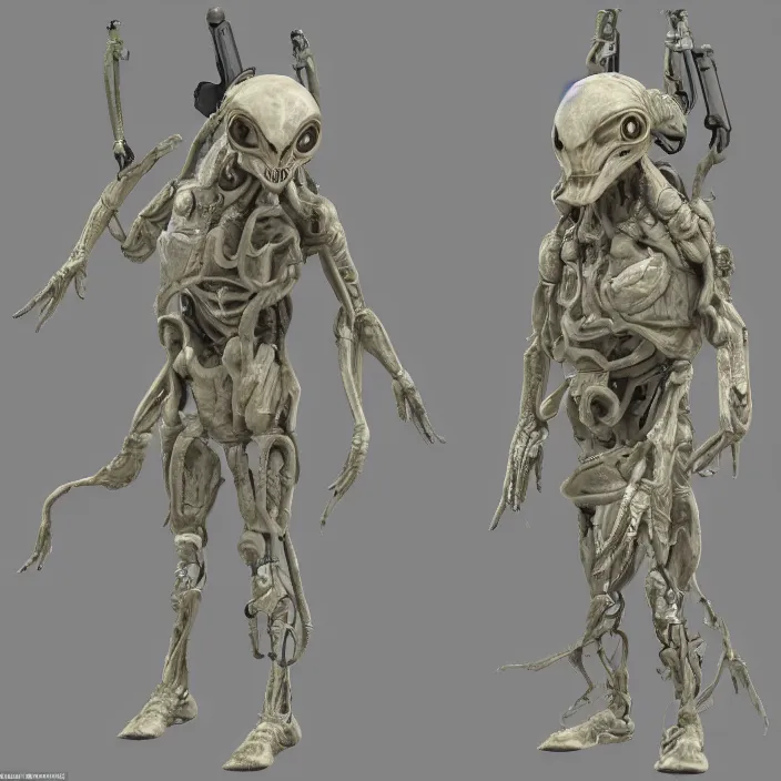 Image similar to lone alien suited being, 4 limbs and civilized behavior, military soldier behavior, photorealistic rendering, hyperdetailed