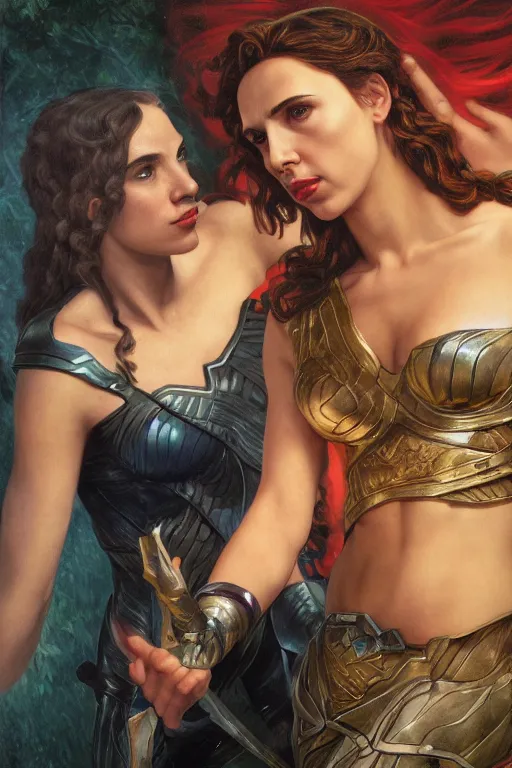 Image similar to A fantasy comic book style Oil Painting portrait of Scarlett Johansson and Gal Gadot, as Atlantean Reptilian Warriors, Mystical Valkyrie, unreal 5, DAZ, hyperrealistic, octane render, Regal, Refined, Detailed Digital Art, RPG portrait, William-Adolphe Bouguereau, Michael Cheval, Walt Disney (1937), François Boucher, Steampunk, Josephine wall, dynamic lighting, Highly Detailed, Cinematic Lighting, Unreal Engine, 8k, HD