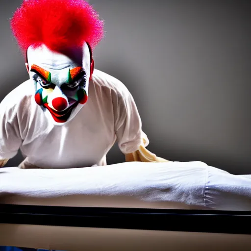 Prompt: crazy clown in hospital bed with wrist restraints on, restraints have fabric straps attached to hospital bed, photograph, 8 k