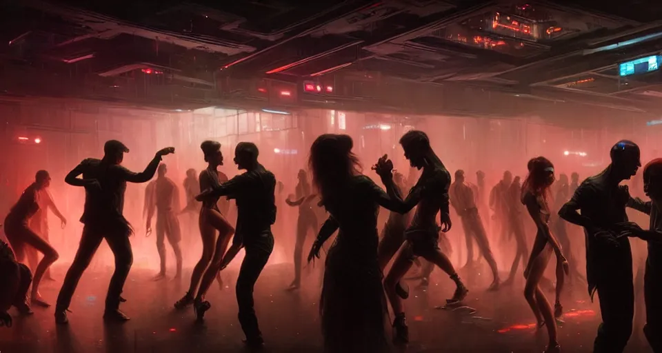 Image similar to hyper realistic sci - fi matte concept art painting of people dancing in a cyberpunk club, beautiful details, strong composition painted by kim jung guweta studio rutkowski, james gurney and greg rutkowski, and lucasfilm, smooth, intricate, detailed, sharp focus, cinematic