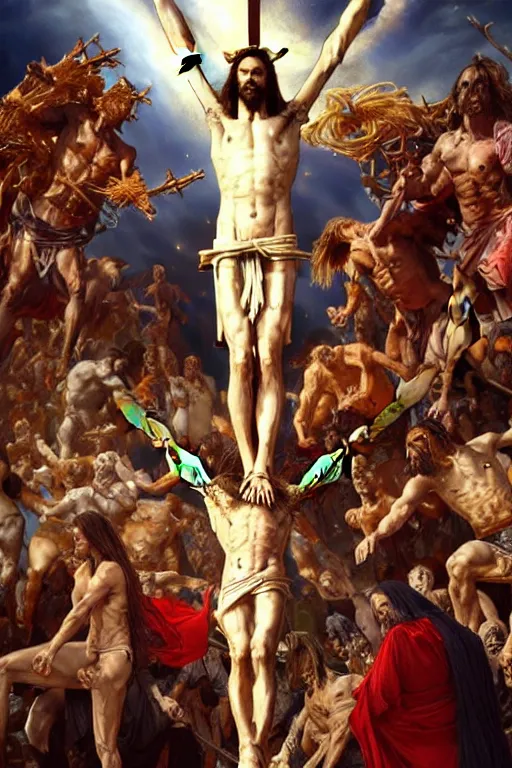 Image similar to realistic photo of the apocalypse, in the center of the image christ crucified and dismembered by demons, in the heavens horsemen of the apocalypse wreak havoc, deep focus, intricate, elegant, highly detailed, digital painting, art station, concept art, matte, sharp focus, illustration, art by artgerm and greg rutkowski and alphonse mucha