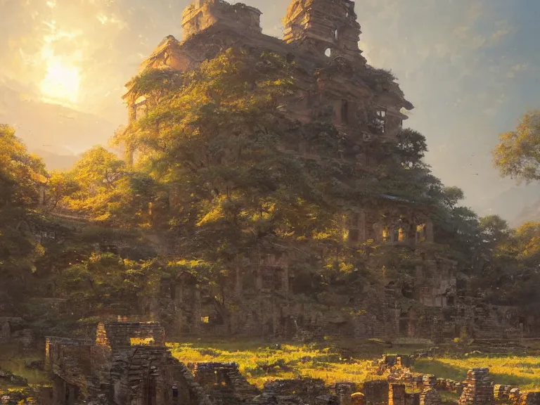 Image similar to ancient city ruins, ⛩, oil painting, 8 k, beautiful, vine, golden light, highly detailed, smoothly, artstation, cinematic, by wlop, by greg rutkowski, by artgerm