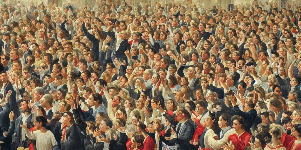 Prompt: A painting of a crowd of people cheering for a rising stock chart