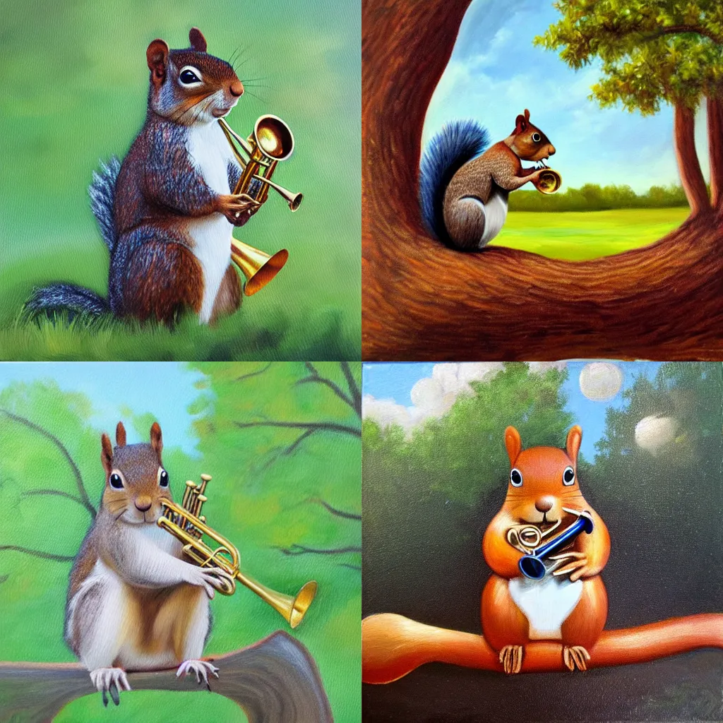 Prompt: squirrel with a trumpet in an oak tree, oil painting