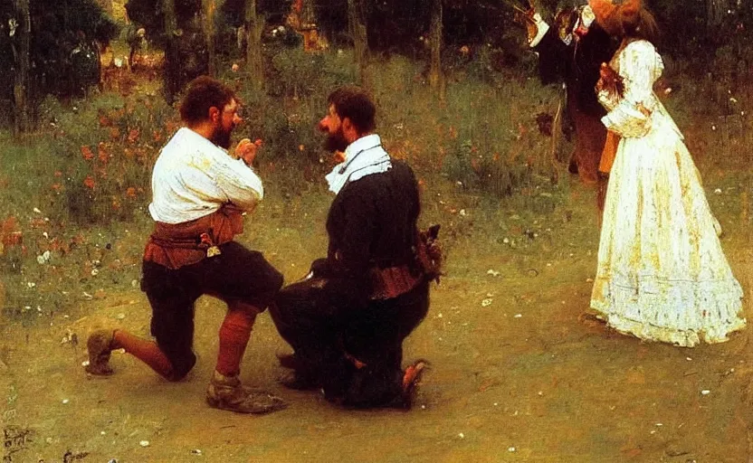 Prompt: high quality high detail painting by ilya repin, giant man proposing to a tiny man, hd