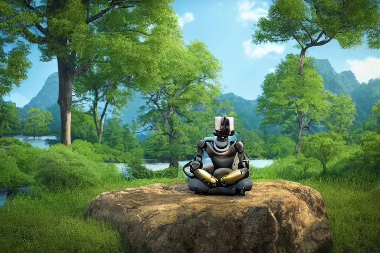 Image similar to zoomed-out 3d render of cel-shaded robot sitting cross-legged with its head pointing down, on a small hill, in a fantasy forest with blooming trees and surrounded my wildlife, river flowing beside the robot, 4k, highly detailed, Unreal Engine, octane render