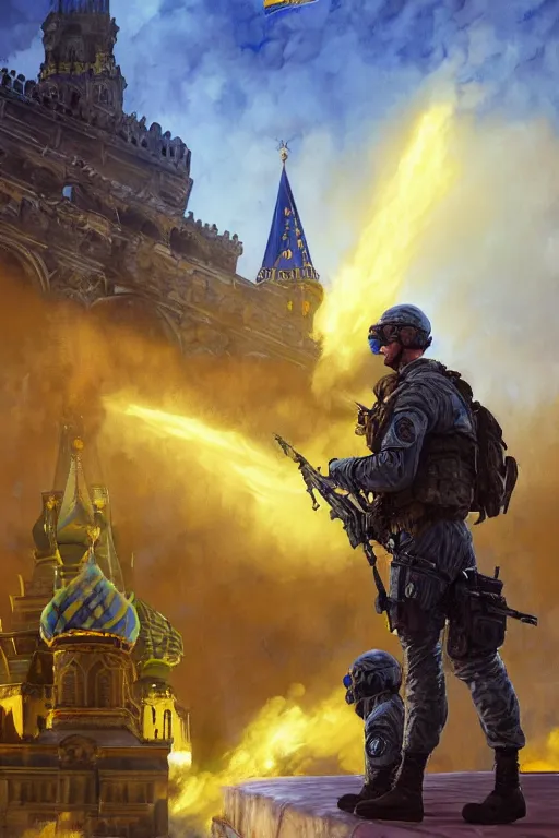 Image similar to special forces soldier installin ukrainian blue and yellow flag on red square kremlin, masculine figure, d & d, fantasy, bright atmosphere, volumetric lights, intricate, elegant, extremely detailed, digital painting, artstation, concept art, matte, smooth, sharp focus, hyper realistic, illustration, art by artgerm and greg rutkowski and alphonse mucha