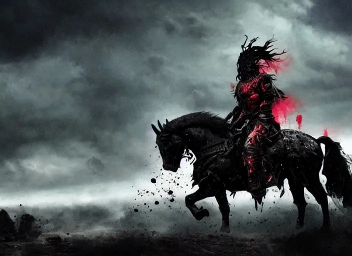 Image similar to a large warrior in full plate of black armor, splattered with blood, riding a large black warhorse, nightmare with red glowing eyes and red glowing mane and tail, blackened clouds cover sky crackling with lightning and rain in the distance, a castle in distance in flames and ruins, the ground is dark and cracked,