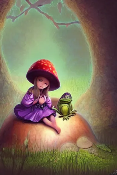 Prompt: a beautiful little girl wearing a mushroom hat sitting on her bed petting a frog in her lap | | purple hair with braids, pretty face, fine details, made by marc simonetti, trending on pixiv, anatomically correct