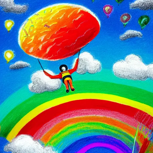 Image similar to crayon illustration of skydiver falling through rainbow, with soft puffy clouds beneath her sprawling over a green valley