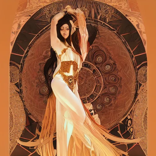 Image similar to a goddess dancing in the desert, symmetrical face, fantasy, intricate and very beautiful and elegant, highly detailed, digital painting, artstation, concept art, smooth and sharp focus, illustration, art by tan zi and ayanamikodon and alphonse mucha and wlop