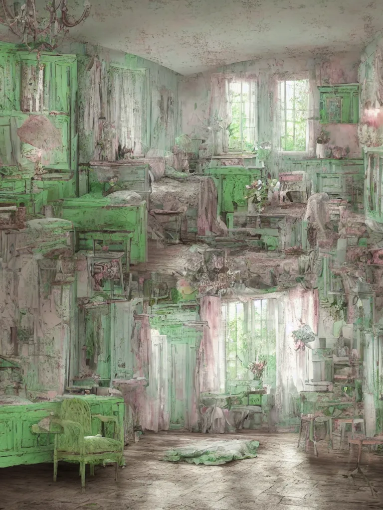 Image similar to Shabby-chic style room with distressed furniture and pastel colors, pleasant interior design, lime green colors, Tropical interior lighting, rural view, pleasant design, messy, style of Elizabethan, 4k, wide perspective, grand composition, concept art, highly detailed, sublime, dramatic, cinematic, octane